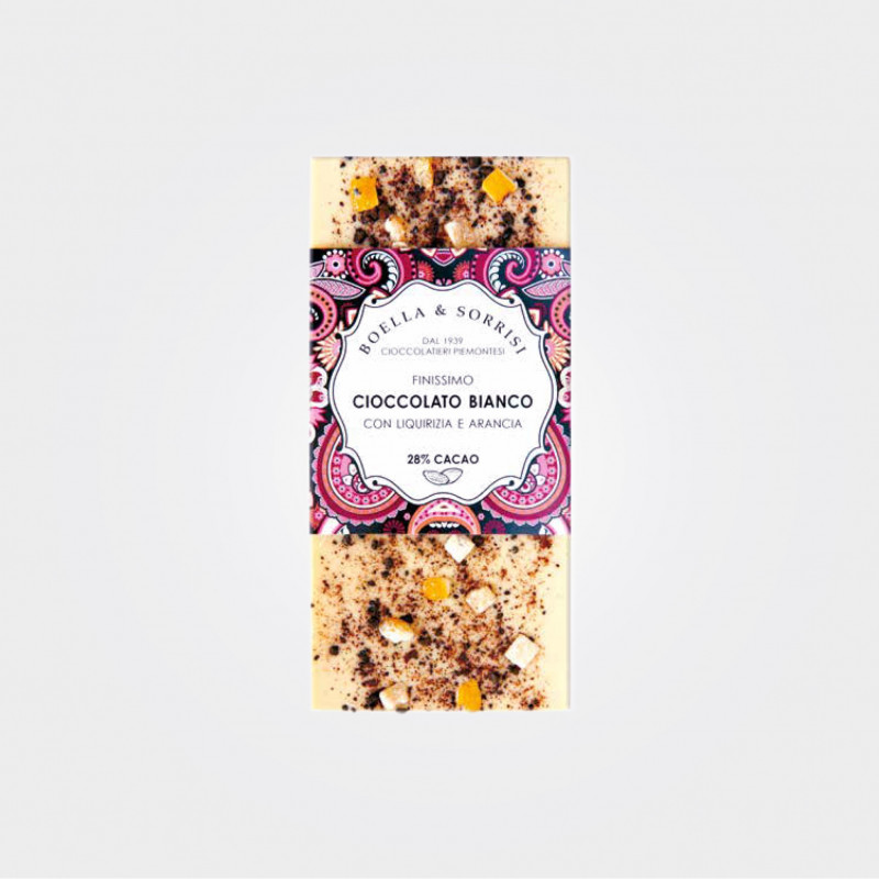 Boella e Sorrisi, Weiße Schokolade mit Lakritz und kandierter Orangenschale, 100g Boella e Sorrisi, Weiße Schokolade mit Lakritz und kandierter Orangenschale, 100g