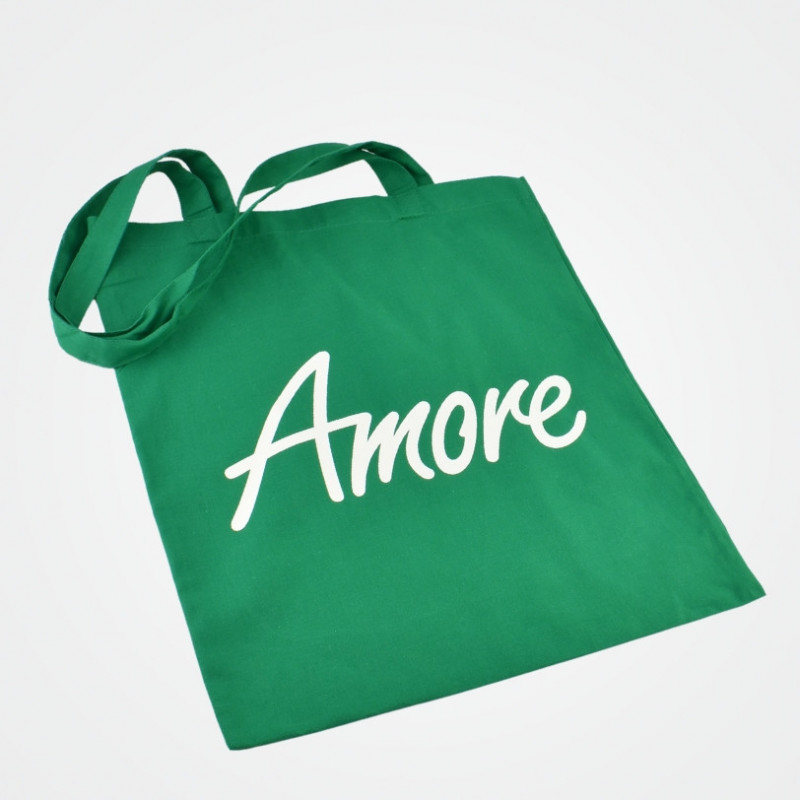 Grüner Amore Store Jutebeutel mit Glow in the Dark Schrift